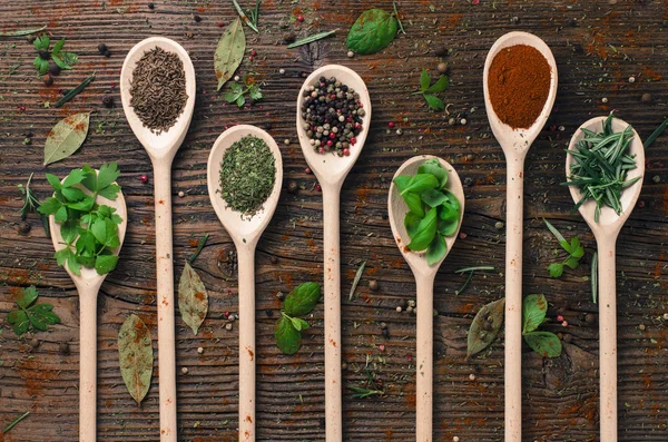 Various spices on wooden spoons — Stock Photo, Image