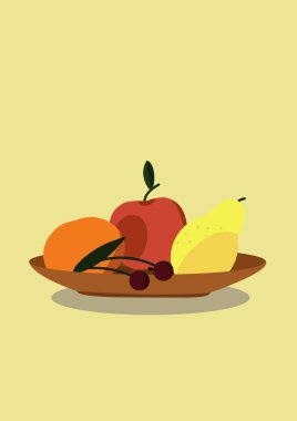 Durgun hayat. Meyve vektör illüstrasyonlu vazo. Soyut resim. El çizimi çizimi. Seramik tabakta portakal, elma, armut ve kiraz. Modern sanat posteri.