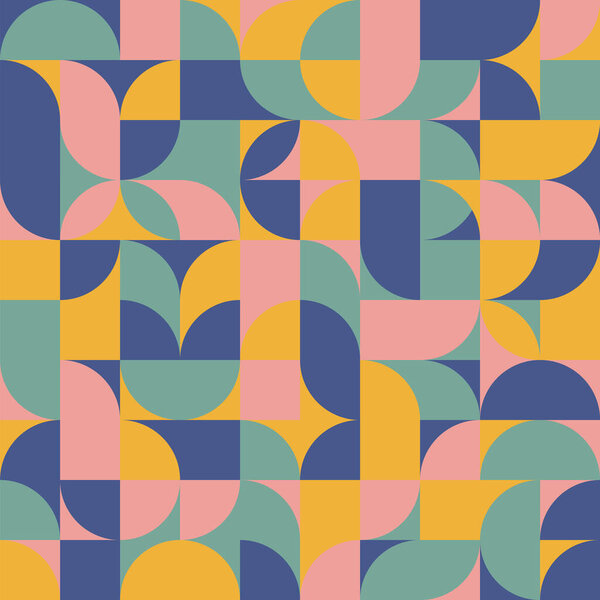 Современный геометрический фон середины века в ретро-цветах в стиле 60-х, 70-х. Минималистский дизайн баухауса окружностей, прямоугольников и квадратов. Бесшовно. Плакаты, обложки, открытки, листовки.