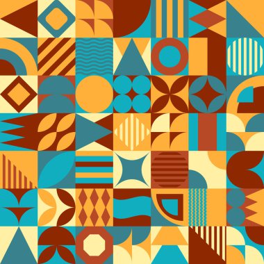 Orta yüzyıl modern geometrik kusursuz çizim. Basit renkli şekiller. Asgari soyut şebeke tasarımı. İskandinav asıllı. Arkaplan, poster tasarımı, tekstil, kapak için kullanışlı.