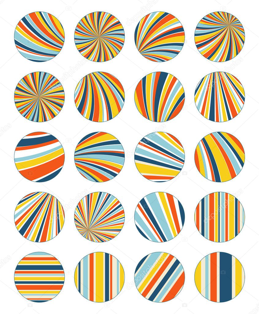 Set of highlight covers for social media stories. Straight , swirl lines, rays in retro colors. Round icons, stickers. Perfect for bloggers. Flat style.