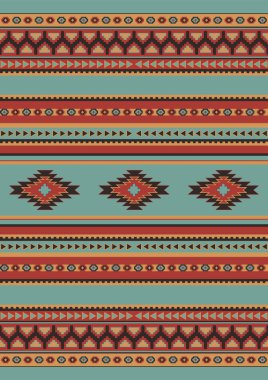 Bej, açık mavi ve kırmızı renklerin etnik geometrik deseni. Kusursuz desen. Meksika halısı. Örülmüş halı illüstrasyonu.