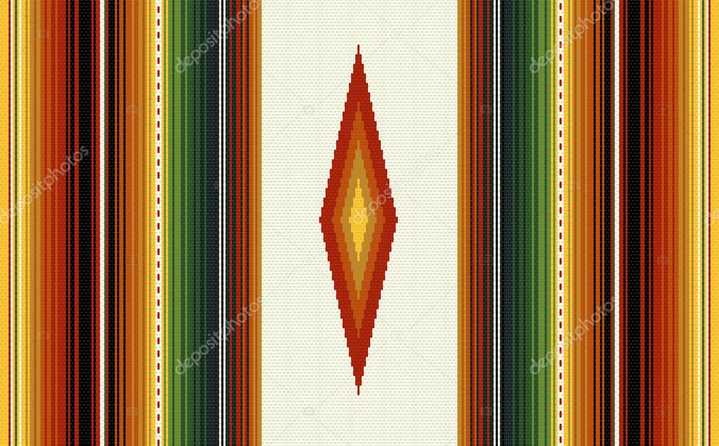 Mexican style seamless pattern. Colorful stripes background in yellow, red and green colors. Vector serape design. Ornament for Cinco de Mayo fiesta decor. Ethnic boho fabric illustration. Western decor style.