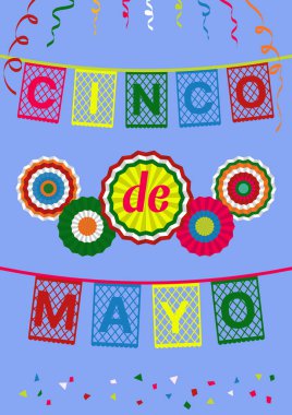 Cinco de Mayo (5 Mayıs İspanyolca) tebrik kartı, pankart, davetiye, poster. Renkli papel picado (kağıt kesiği) bayraklar ve yelpazeler. Cinco de Mayo Meksika Fiesta Parti dekorasyonu.
