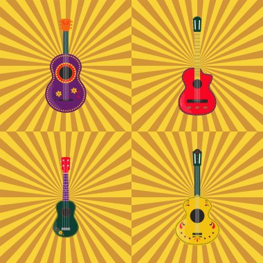 Meksika gitarları pürüzsüz desen, arka plan, poster, afiş. Gitarlar ve ukulele, sarı arkaplandaki geleneksel süslemelerle süslenmiş. Mariachi telli müzik aleti.