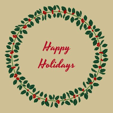 Mutlu bayramlar tebrik kartı. Kutsal çelenk. Yeni yıl ve Noel süsü. Yeşil yapraklar ve kırmızı böğürtlen. Retro biçimi.