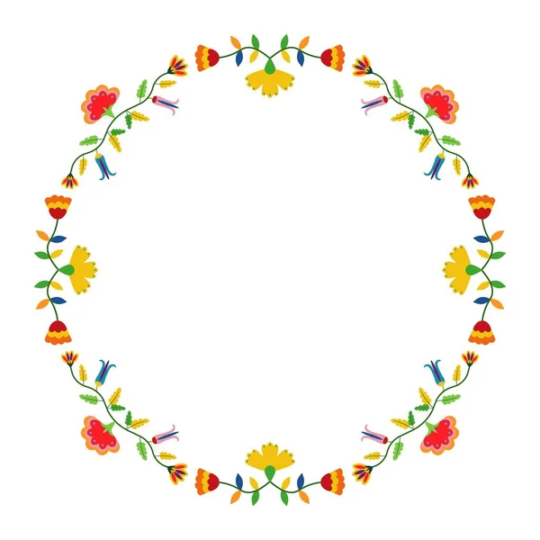 Otomi Mexicano Estilo Tenango Bordado Marco Redondo Diseño Floral Étnico — Archivo Imágenes Vectoriales