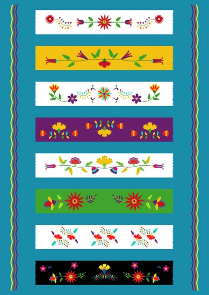 Ethnic Floral Design Washi Tapes Traditional Mexican Embroidery Otomi Style — Stock Vector