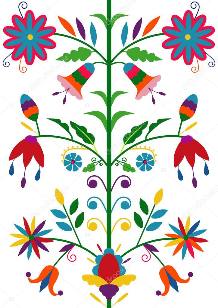 Ethnic floral seamless pattern isolated on white background. Mexican traditional Otomi embroidery style. For card, cover, flyer, banner, textile.