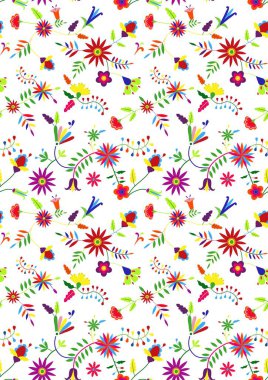 Meksikalı işlemeli Otomi tarzı kusursuz desen. Tebrik kartı, düğün ve doğum günü davetiyesi, boho tekstili için renkli etnik köken..