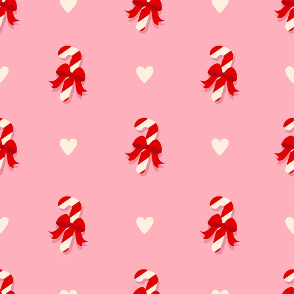 Christmas Sugar Striped Candy Red Holiday Bow Seamless Pattern Pattern — Stock Vector