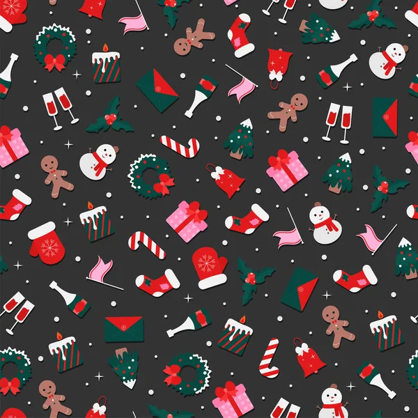 Seamless pattern of Christmas illustration on dark background. Christmas tree, snowman, sock, mittens, bell, wreath, gift. Endless illustration for fabric, stationery, wrappers. — Stock Vector