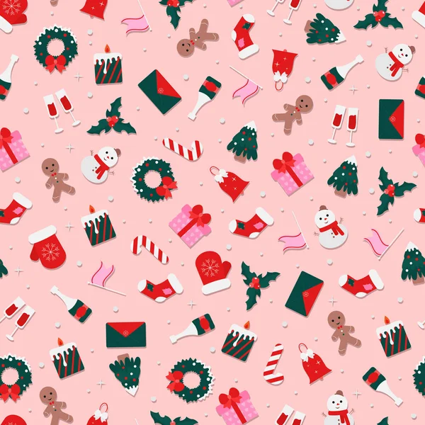 Sömlös mönster av jul illustration på rosa bakgrund. Julgran, snögubbe, strumpa, vantar, klocka, krans, gåva. Ändlösa illustrationer för tyg, pappersvaror, omslag. — Stock vektor