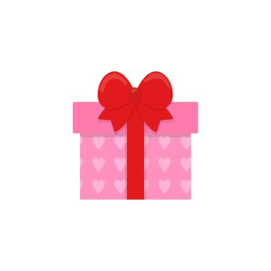 Kalpli pembe bir hediye kutusu ve kırmızı bir fiyonk. Beyaz arka planda bir hediye. Kış tatili