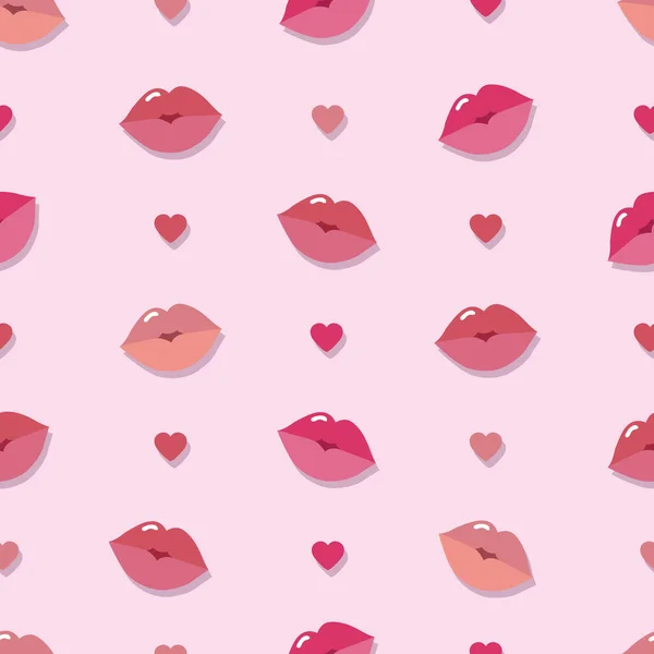 Naadloze lippen patroon op roze achtergrond. Lippen, mond, hart vector illustratie. Patroon voor het inpakken van papier, spandoeken, ansichtkaarten, achtergronden. Valentijnsdag — Stockvector