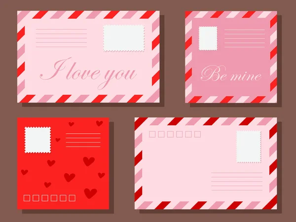 Un juego de cartas de amor en sobres. Sobres coloridos para cartas a su ser querido. Sobres temáticos de San Valentín con sellos postales vacíos. Te amo y sé mía. Día de San Valentín. — Vector de stock