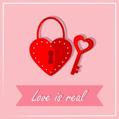 Pembe arka plandaki aşıklar için kilit ve anahtar içeren tebrik kartı tasarımı. Sevgililer Günü tebrik kartı şablonu. Moda, tatildeki aşıklar için illüstrasyon