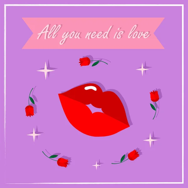 Tarjetas de San Valentín con labios, rosas y estrellas sobre fondo morado. Diseño de la tarjeta de felicitación, todos necesitamos amor, tarjeta de San Valentín. Moderno, ilustración para los amantes — Vector de stock