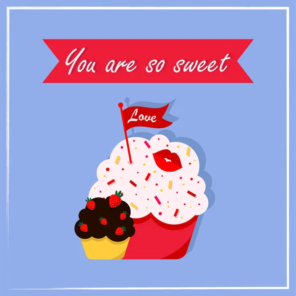 Desain kartu ucapan untuk Hari Valentine dengan kue di latar belakang biru. Kau begitu manis, Valentine. Trend, ilustrasi untuk pecinta pada hari libur - Stok Vektor