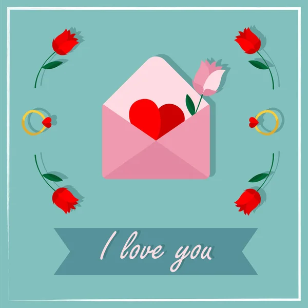Diseño de la tarjeta de felicitación del día de San Valentín con carta de amor y rosas. Te quiero, Valentine. Tendencia, ilustración para los amantes de vacaciones — Vector de stock