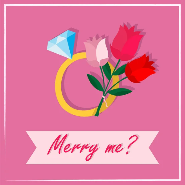 Tarjetas de San Valentín con rosas y anillo de bodas sobre fondo rosa. Diseña tarjetas de felicitación, ¿quieres casarte conmigo? Ilustración moderna para los amantes — Vector de stock
