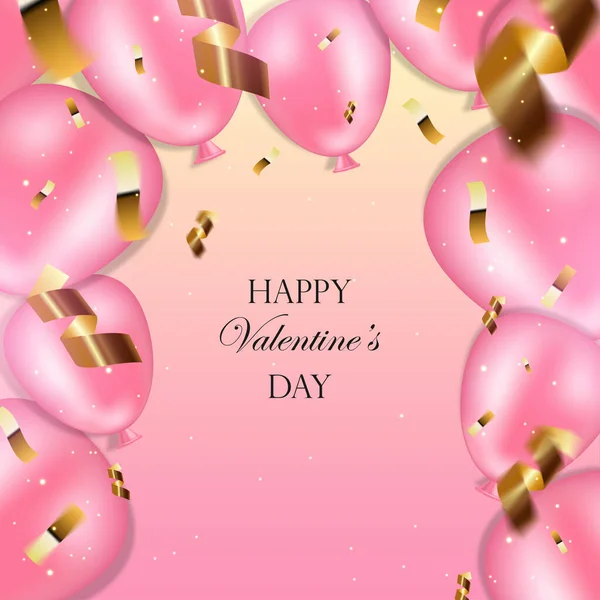 Feliz San Valentín. Marco de globos rosados, serpentinas, lentejuelas y confeti. Banner para tarjetas de felicitación, invitaciones, San Valentín, fondos, sitios web, portadas, papelería. — Foto de Stock