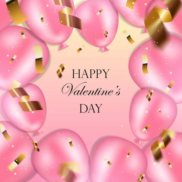 Feliz San Valentín. Marco de globos rosados, serpentinas, lentejuelas y confeti. Banner para tarjetas de felicitación, invitaciones, San Valentín, fondos, sitios web, portadas, papelería. —  Fotos de Stock