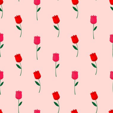 Kırmızı ve pembe güllerle kusursuz desen. Sevgililer Günü. Ambalaj kağıdı, kumaş, kırtasiye, arkaplan, pankart, kartpostallar, web sayfaları için minimal desen