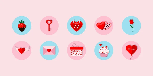 Sevgililer Günü için bir dizi simge ve çıkartma. Tasarım ve sosyal ağlar için bir dizi etiket. Dairelerde gösterilen modaya uygun elementler. Kalpler ve öpücükler — Stok Vektör