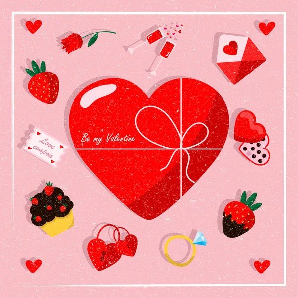 Pembe arka planda sevgililer için kalbi olan bir tebrik kartı tasarımı. Sevgililer Günü tebrik kartı şablonu. Moda, tatildeki aşıklar için illüstrasyon — Stok Vektör