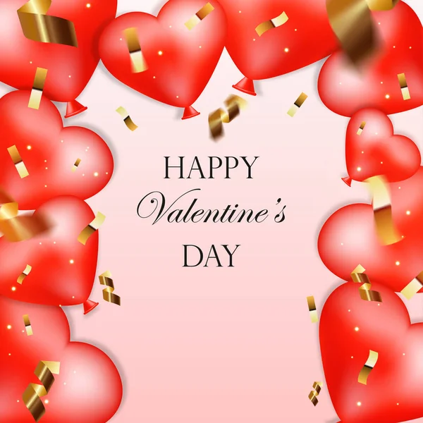Feliz San Valentín. Marco de globos rojos corazones, serpentinas, lentejuelas y confeti. Banner para tarjetas de felicitación, invitaciones, San Valentín, fondos, sitios web, portadas, papelería. — Foto de Stock