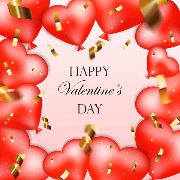 Feliz San Valentín. Marco de globos rojos corazones, serpentinas, lentejuelas y confeti. Banner para tarjetas de felicitación, invitaciones, San Valentín, fondos, sitios web, portadas, papelería. — Vector de stock