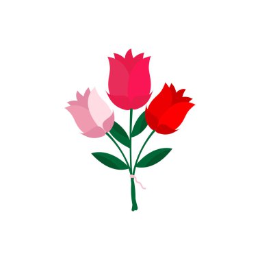 Üç çiçek. Tatiller için bir tasarım unsuru. Kırmızı, beyaz ve pembe çiçekli düz çizim