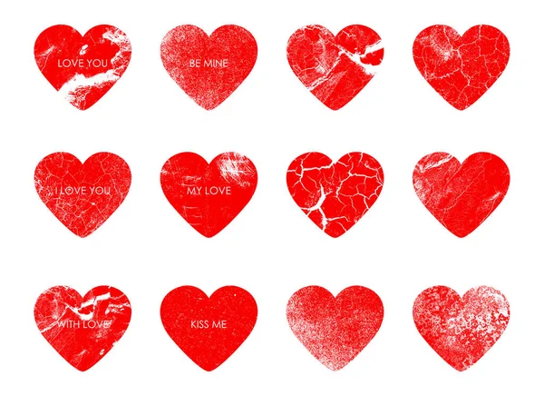 Cœurs de timbres romantiques, un ensemble de timbres pour enveloppes, cartes postales et lettres. Saint Valentin, lettres d'amour. Fond blanc. Impressions vectorielles pour cartes postales, lettres et salutations. Coeurs rouges — Image vectorielle