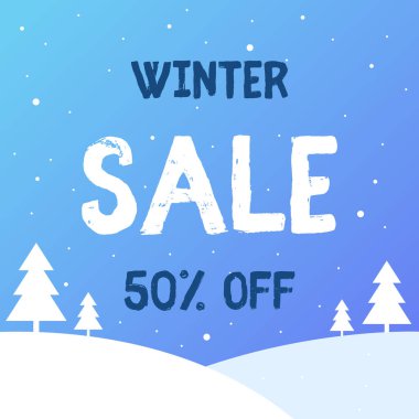 Kış indirimi. Kar ve Noel ağaçlı minimalist afiş. Kış indirimi. Mavi arka plan ve kar. Kış indirimleri