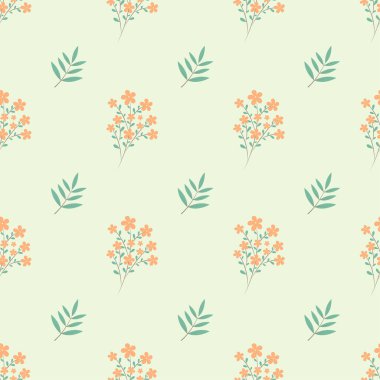 Kusursuz desenli şeftali çiçekleri ve açık arkaplanda yeşillik. Ambalaj kağıdı, kırtasiye malzemesi, tekstil, arka plan ve web siteleri için kısa ve minimalist bir model. Vektör deseni.