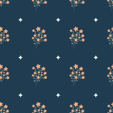 Koyu mavi arka planda turuncu çiçekli ve yıldızlı kusursuz desen. Yaz, çiçekli minimalist desen. Paket kağıdı, kırtasiye, tekstil, arka plan, web siteleri için desen.
