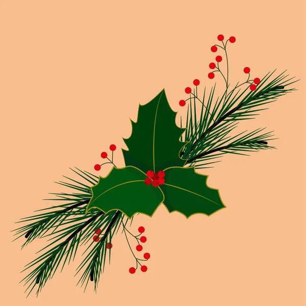 Vektor-Illustration Weihnachtskomposition mit Stechpalme, Weihnachtsbaumzweig, roten Beeren. — Stockvektor