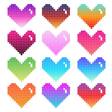 Piksel kalp rengarenk gradyan simgesi logo, dijital resim için beyaz arkaplan tasarımında izole edildi.