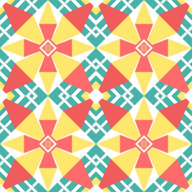 Geometrik soyut renkli, dikişsiz desen tekrarlıyor. Arkaplan, duvar kağıdı, giysi, ambalaj, kumaş, tekstil baskısı, döşeme için tasarım. Vektör illüstrasyonu.