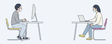 Genç erkek ve kadın dizüstü bilgisayarlar üzerinde çalışıyor, çevrimiçi çalışıyor virüs yayılmasını önlemek için sosyal mesafeyi koruyorlar ve grip önleme, koronavirüs konsepti, vektör illüstrasyonu