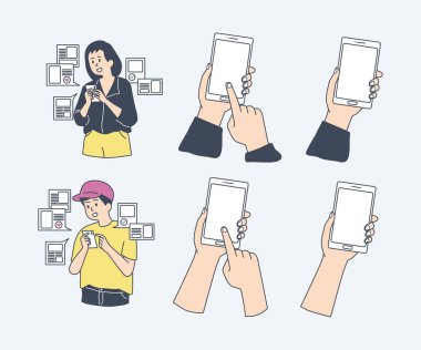 İnsanlar akıllı telefonlar kullanıyor, genç, yetişkin ve yaşlılar telefonla konuşuyor ve daktilo kullanıyor. Kadın ve erkek karakterler ayarlandı. çizgi film vektör illüstrasyonu.