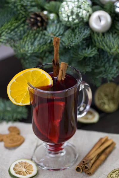 Winter Treats Mug Warm Wine Orange Cookies Ingredients Wooden Brown — Stock Photo, Image