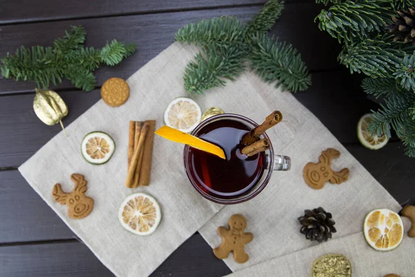 Winter Treats Mug Warm Wine Orange Cookies Ingredients Wooden Brown — Stock Photo, Image