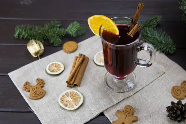 Winter Treats Mug Warm Wine Orange Cookies Ingredients Wooden Brown — Stock Photo, Image