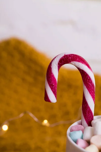 Mug Marshmallow Red White Christmas Candy Cane Close — Stock Photo, Image