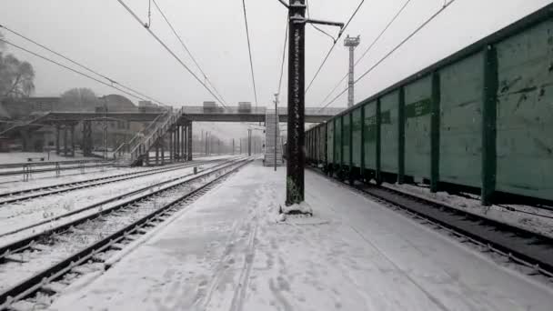Meteo Nevoso Alla Stazione Ferroviaria Treno Passa Accanto Alla Piattaforma — Video Stock