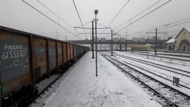 Sněhové Počasí Nádraží Vlak Projíždí Vedle Nástupiště — Stock video