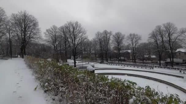 Karlı Havanın Panoramik Görüntüsü Parkta Kar Yağıyor Karlı Patika — Stok video