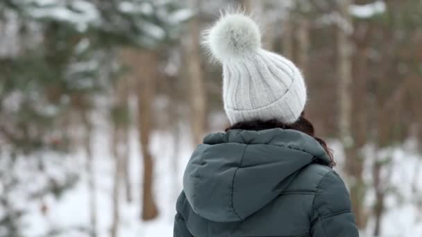 Retrato Una Joven Hermosa Mujer Vestida Con Ropa Invierno Gira — Vídeos de Stock